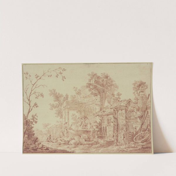 Unter römischen Ruinen ein Brunnen mit zwei Amoretten, an welchem Wäscherinnen beschäftigt sind by Georges-François Blondel