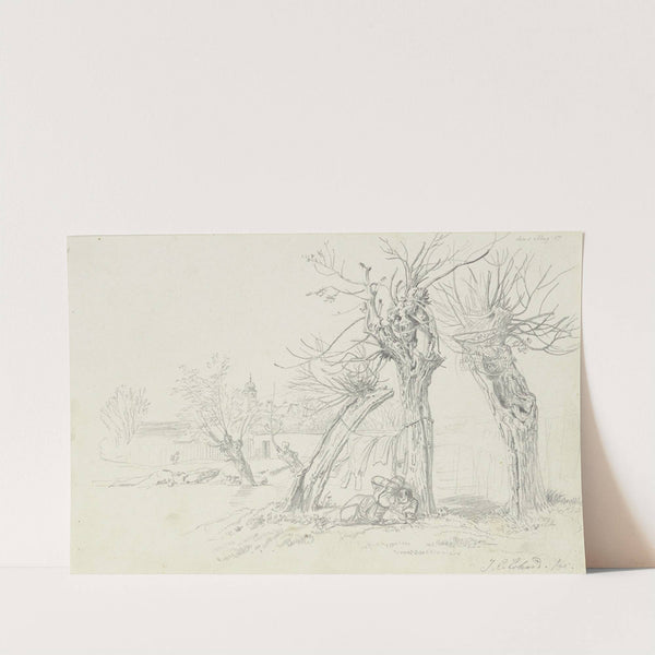 Unter Weidenbäumen wird Wäsche getrocknet, darunter liegt eine Frau mit Kinde, hinten ein Dorf by Johann Christoph Erhard
