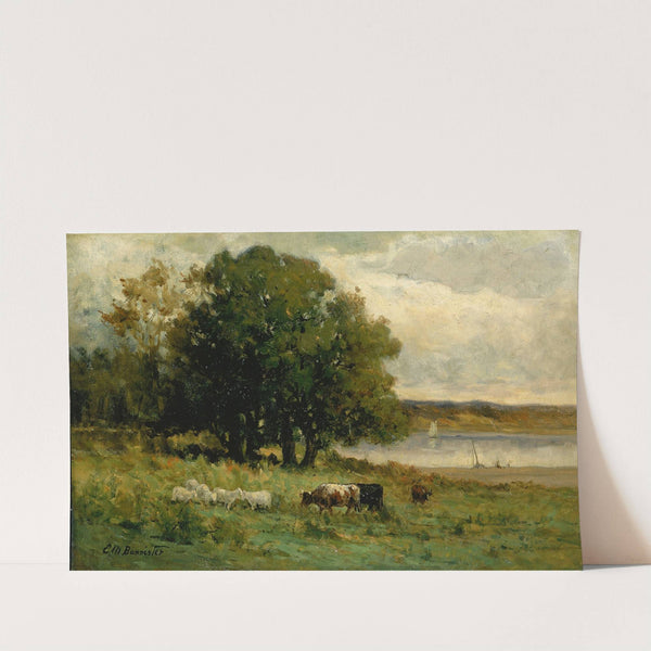 Untitled (cattle near river with sailboat in distance) by Edward Mitchell Bannister