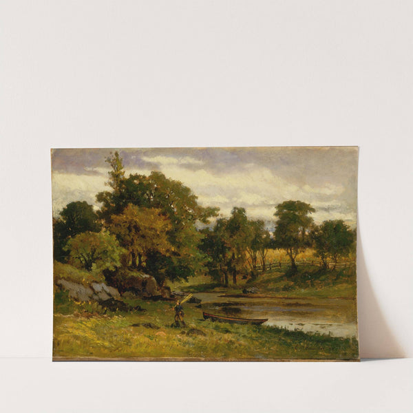 Untitled (landscape, boat moored near stream, man walking in foreground) by Edward Mitchell Bannister