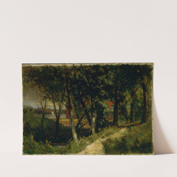 Untitled (landscape, forest scene with red fence and building) by Edward Mitchell Bannister