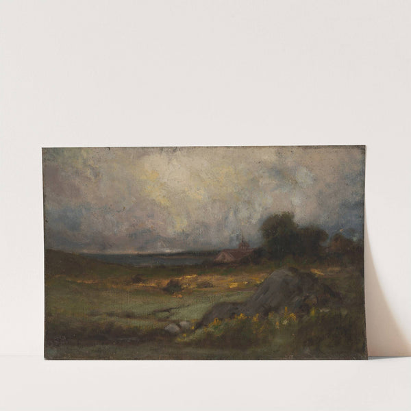 Untitled (landscape with rock in foreground and roof with steeple, lake in background) by Edward Mitchell Bannister