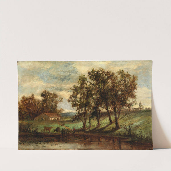 Untitled (man with cows grazing near pond with house and trees in background) by Edward Mitchell Bannister