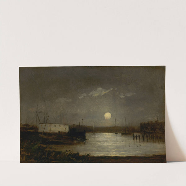 Untitled (moon over a harbor, wharf scene with full moon and masts of boats) by Edward Mitchell Bannister