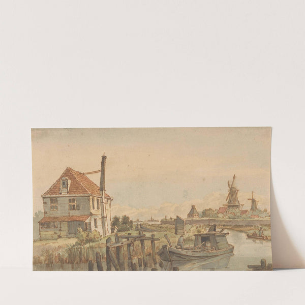 Vaart met een boot, een huis en twee molens (1801 - 1873) by George Pieter Westenberg