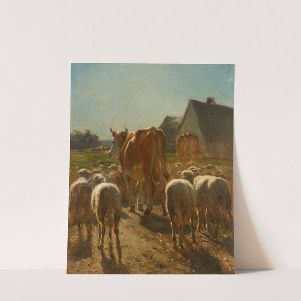 Vaches et moutons rentrant à la ferme; effet de soleil by Constant Troyon