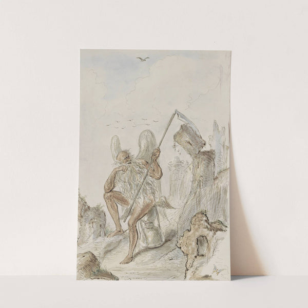 Vadertje Tijd met een zeis in een landschap by Alexander Ver Huell