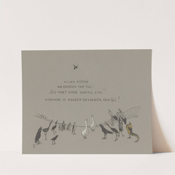 Vanaf de grond kijkt een groep vogels op naar een biddende arend by Theo van Hoytema