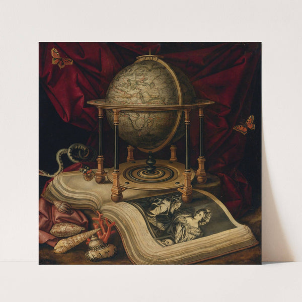 Vanitas Still Life With A Terrestrial Globe, A Book, Shells, A Snake And Butterflies by Carstian Luyckx