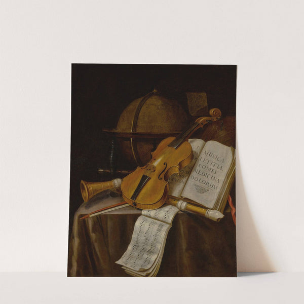 Vanitas still life with a violin, recorders, music manuscripts, and a globe by Edwaert Collier
