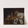 Vanitas still life with a violin, silver incense burner, globe, sword, box of jewelry, and manuscripts by Edwaert Collier
