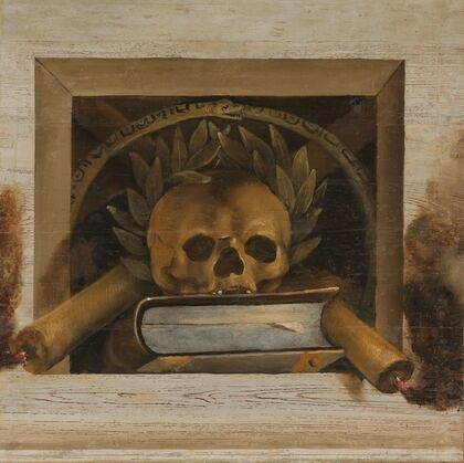Vanitas Still Life with Scull with Laurel Wreath, Book and two Burning Candles (1645 - 1650)