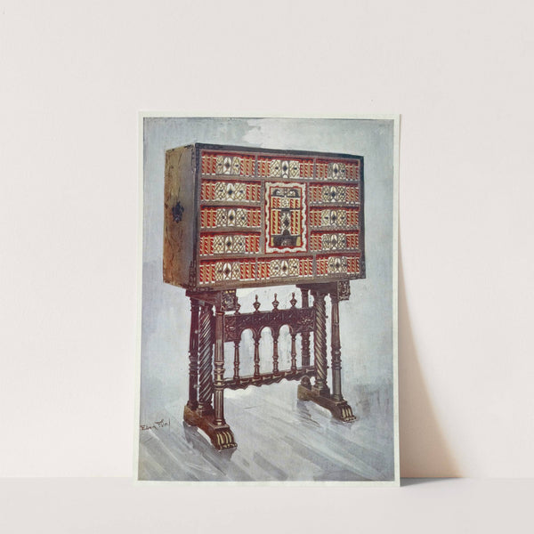 Vargueno cabinet of chestnut, ivory, etc., painted and gilt with wrought-iron and steel mounts by Edwin Foley