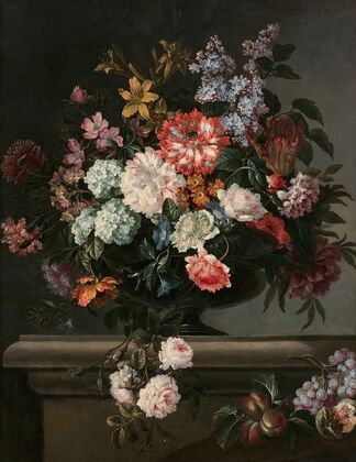 Vase de fleurs et fruits sur un entablement — size preview