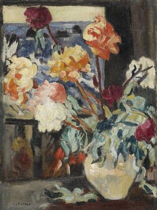 Vase de pivoines devant une fenêtre — size preview