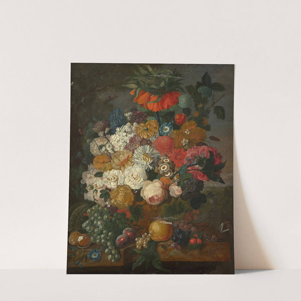 Vase of flowers and fruits on an entablature by Johannes Cornelis De Bruyn