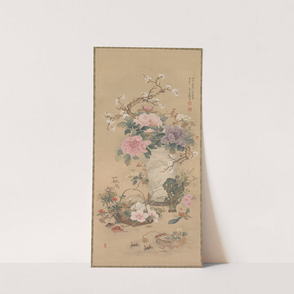 Vase of Flowers with Grasshopper, Marine Life, and Garden Rock by Okabe Ko