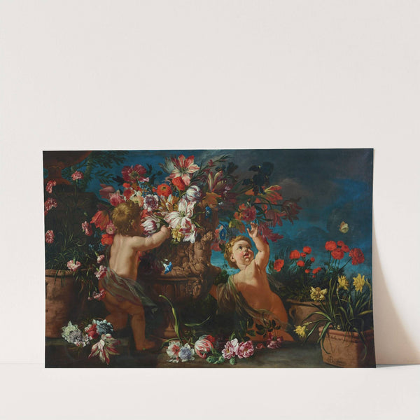 Vases of flowers with putti in a landscape by Abraham Brueghel