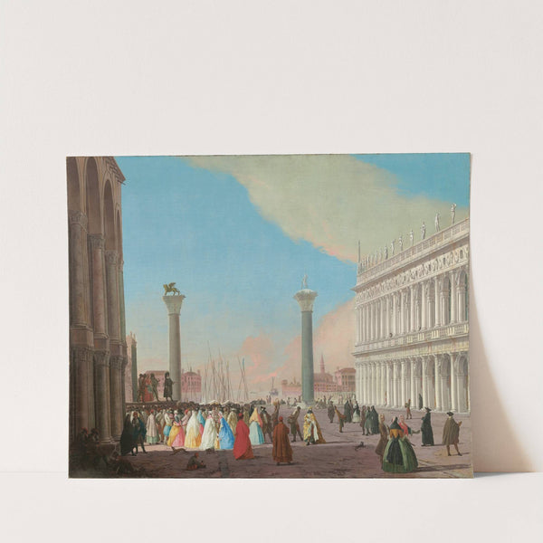 Venice, the Piazzetta looking south from the Basilica di San Marco with the Biblioteca and a crowd gathered to watch a Commedia dell’arte performance by Johann Richter