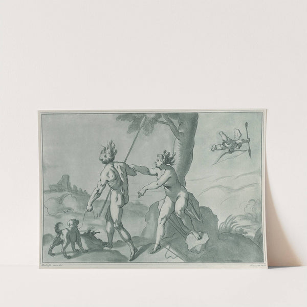 Venus and Adonis, nude in a landscape with a dog at left and Cupid at upper right (1750–70) by Andrea Scacciati