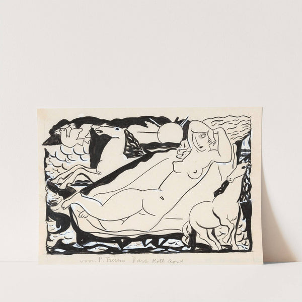 Venus Vignet voor boek ‘L’art Hollandais contemporain’ van Paul Fierens; liggend naakt met daarbij afgebeeld twee paarden en twee duiven (1932) by Leo Gestel