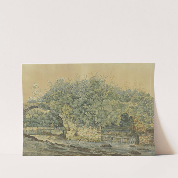 Verfallene Steinbrücke über einen Bach, von Büschen und Pflanzen überwuchert by Jakob Philipp Hackert