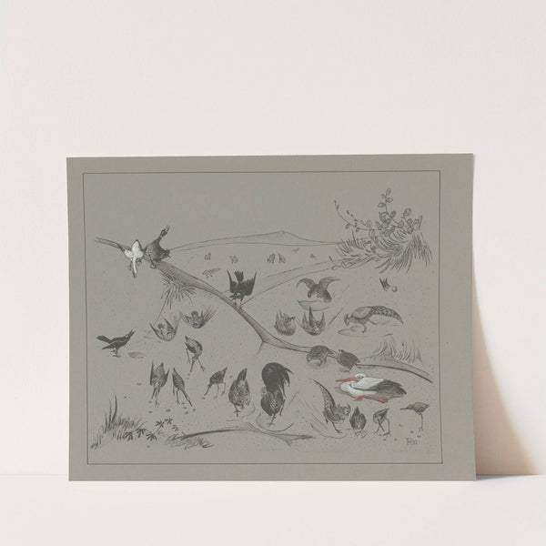 Verschillende vogelsoorten graven in de aarde. by Theo van Hoytema