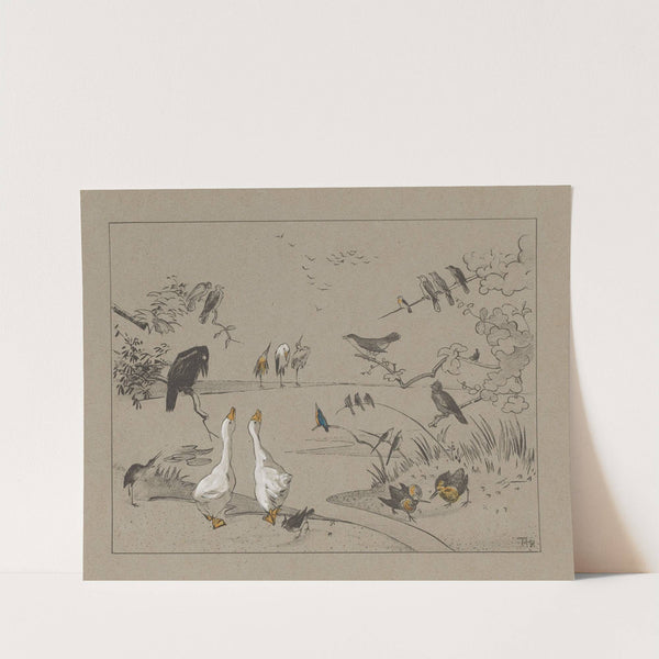 Verschillende vogelsoorten rond een vijver by Theo van Hoytema