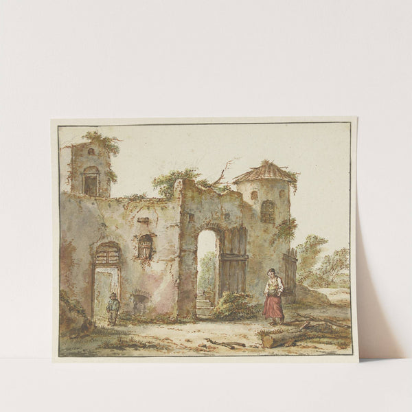 Vervallen gebouw met rechts een houtsprokkelaarster (1782 - 1837) by Pieter Bartholomeusz. Barbiers