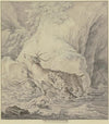 Verwundeter Hirsch, von zwei Hunden durchs Wasser gehetzt, ein dritter Hund liegt verwundet im Wasser (1741)