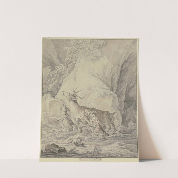 Verwundeter Hirsch, von zwei Hunden durchs Wasser gehetzt, ein dritter Hund liegt verwundet im Wasser (1741) by Johann Elias Ridinger