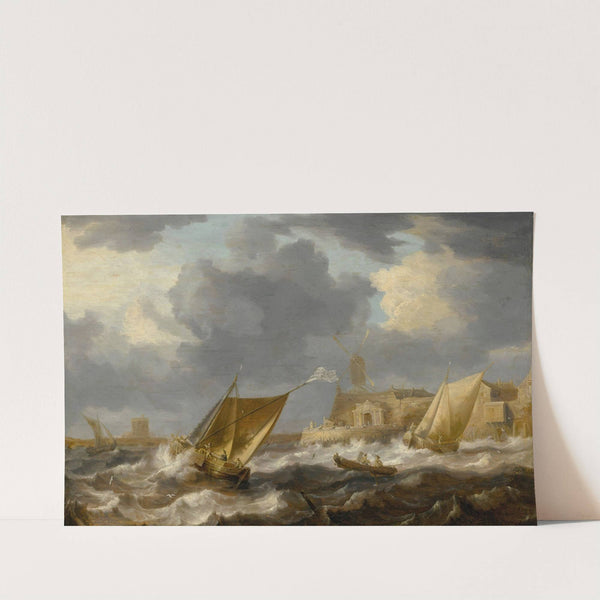 Vessels And A Rowing Boat On Choppy Waters, Near A Small Harbor Town With A Windmill, Possibly Hoboken by Bonaventura Peeters the Elder