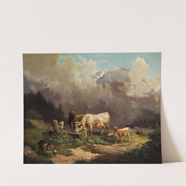 Vieh im Hochgebirge an der Tränke by Louis Reinhardt