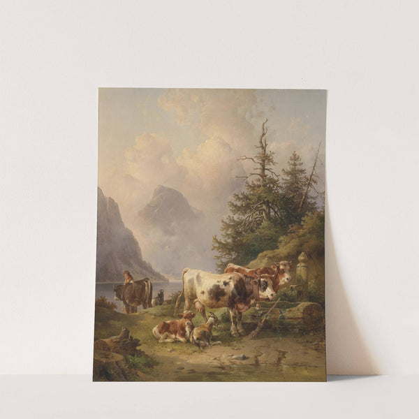 Viehherde mit Hirtin am Seeufer by Edmund Mahlknecht