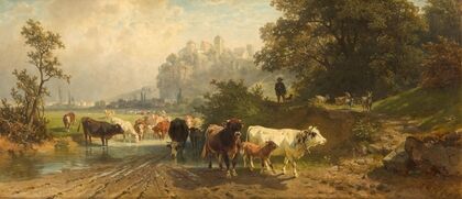Viehtreiber in Bayerischer Landschaft mit Blick auf eine Burg (1881)