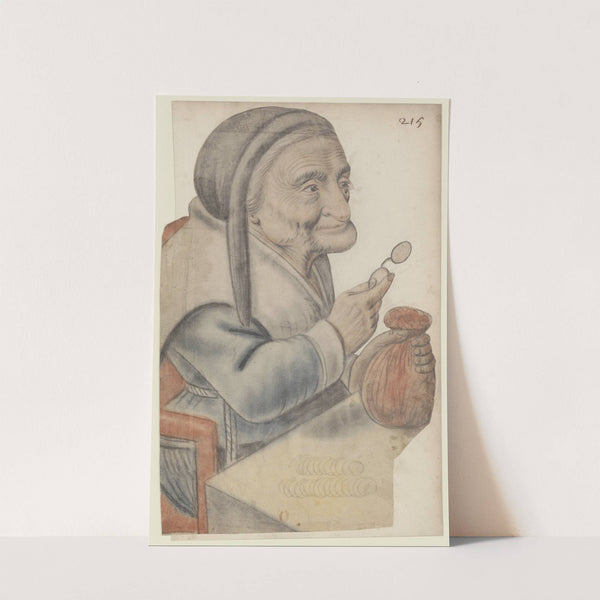 Vieille femme assise devant une table, tenant une bourse dans sa main gauche et un binocle dans sa main droite, vue de trois quarts à droite by Nicolas Lagneau