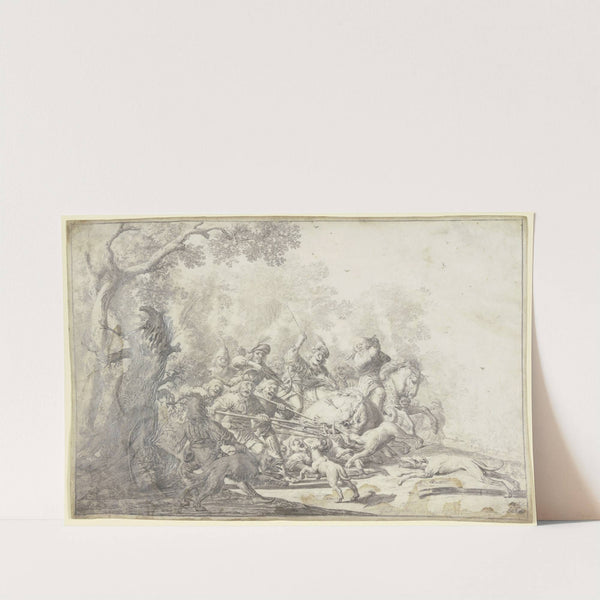 Viele Jäger zu Pferde und zu Fuß erlegen einen großen Eber by Paulus Potter