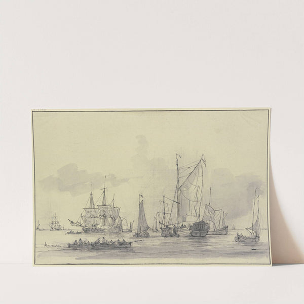 Viele Schiffe bei ruhiger See, links vorn zwei Ruderboote by Gerrit Groenewegen