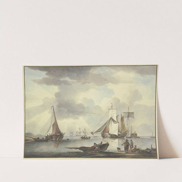 Viele Schiffe, rechts am Strand eine Frau und zwei Männer, von denen einer ein Sprachrohr in der Hand hält by Leendert de Koningh