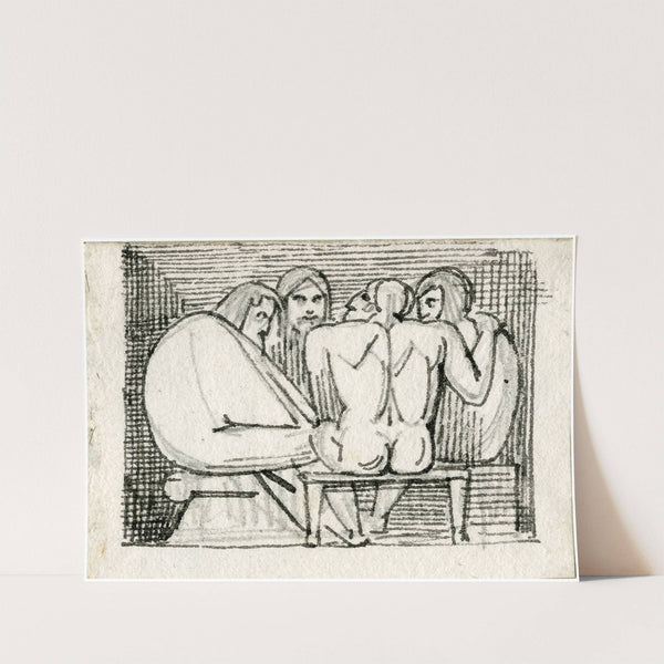 Vier dicht opeen op bankjes gezeten mannen by David Humbert de Superville