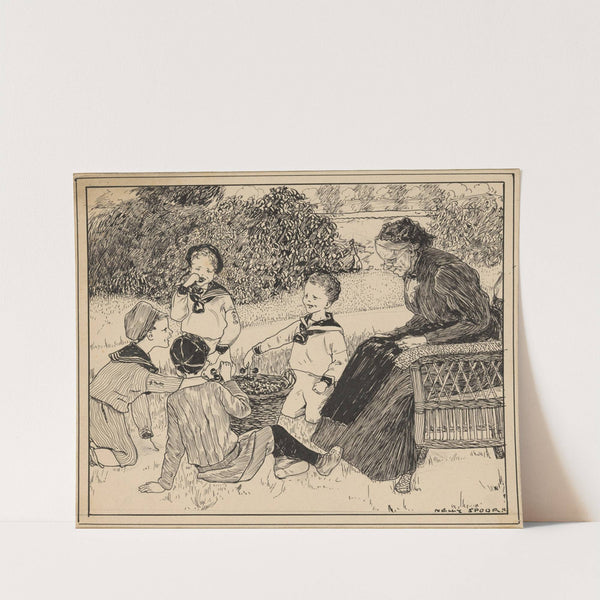 Vier jongens eten kersen op een veld by Nelly Spoor