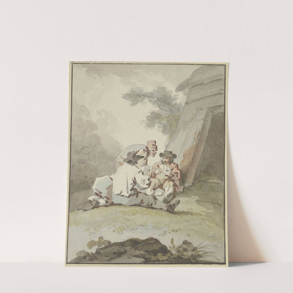 Vier Männer vor einer Hütte am Boden sitzend oder hockend beim Kartenspiel by Gottlieb Welté