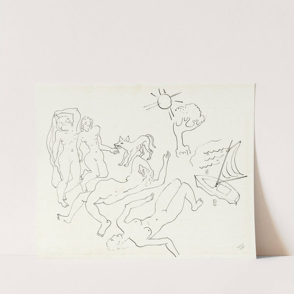 Vier naakte vrouwen met hond, boot, boom en zon by Tinus van Doorn