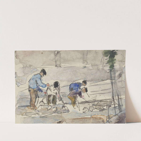 Vier werklieden bezig met grondwerkzaamheden (1860 - 1921) by Adolf le Comte