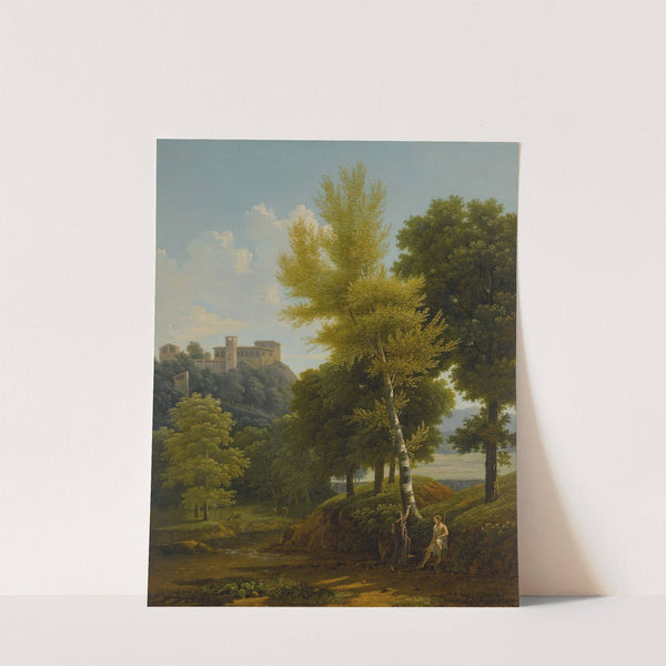 View of a brook in the countryside, a castle in the hillside above, with Pâris and Oenone in the foreground by Jean-Victor Bertin