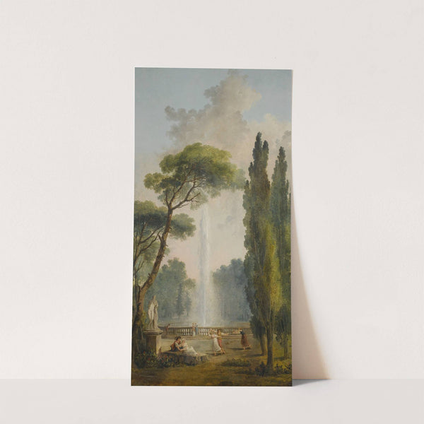 View of a garden with a large fountain at center and figures relaxing and dancing in the foreground by Hubert Robert