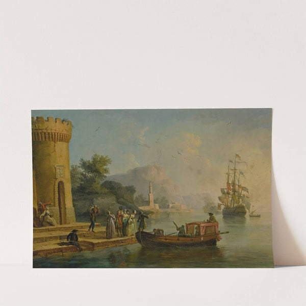View of a Mediterranean port with a group of figures on the shore’s edge, a large ship beyond by Claude-Joseph Vernet