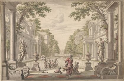 View of a Palace Garden with a Central Pond Surrounded by Classical Architecture