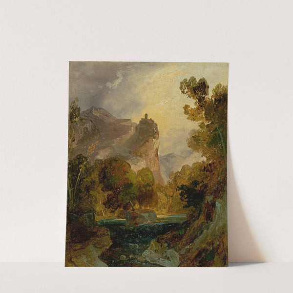 View of a river valley in the mountains with a castle on a high rock by Carl Blechen
