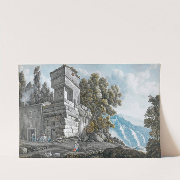 View Of A Villa Beside The Cascades At Tivoli, With Figures Below by Abraham-Louis-Rodolphe Ducros